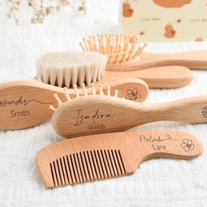 Personalized Baby Hair Brush Set: Engraved Beech Wood, Birth Flower