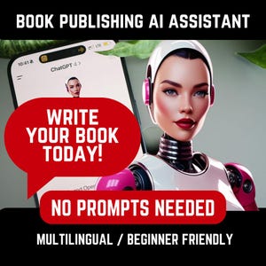 Op de afbeelding: Een advertentie voor een AI-assistent voor het publiceren van boeken. De afbeelding toont een futuristische vrouw met roze accenten en de tekst "SCHRIJF VANDAAG JE BOEK!" in een rode tekstballon. Extra tekst luidt "GEEN PROMPTS NODIG" en "MEERTALIG / BEGINNERVRIENDELIJK".