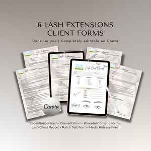 Pode incluir: Seis formulários de clientes para extensões de cílios imprimíveis para uso em um salão de beleza. Os formulários incluem um formulário de consulta, um formulário de consentimento, um formulário de consentimento dos pais, um registro de clientes de cílios, um formulário de teste de patch e um formulário de liberação de mídia. Os formulários são editáveis no Canva.