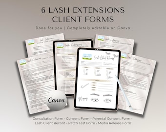 Puede incluir: Seis formularios de clientes para extensiones de pestañas imprimibles para usar en un salón de belleza. Los formularios incluyen un formulario de consulta, un formulario de consentimiento, un formulario de consentimiento parental, un registro de clientes de pestañas, un formulario de prueba de parche y un formulario de autorización de medios. Los formularios son editables en Canva.