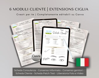 Schede cliente estensioni ciglia, Moduli consulenza, Consenso Informato Centro Estetico, moduli trattamenti estetici