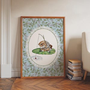 Arte de pared para guardería con estampado de animales del bosque, ranas y pesca: ilustración de cuentos infantiles, decoración natural y apacible para habitación infantil.