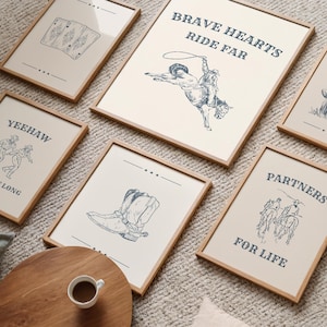 Lot de 6 oeuvres d'art murales bottines de cow-boy, impressions numériques western, décoration de ferme du sud-ouest des États-Unis, cartes à jouer et partenaires pour la vie