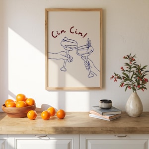 Cin Cin Poster Italy Wall Art, Retro Cocktail & Wine Illustration, Trendy Blue Doodle Bar Cart Print, Cheers Digital Art Decor