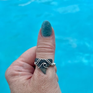 May include: A ring featuring a dark gray, triangular shark tooth set in a silver-colored wire wrap. The wire is shaped into a decorative wave pattern that crosses over the front of the tooth, securing it to the band that encircles the finger.