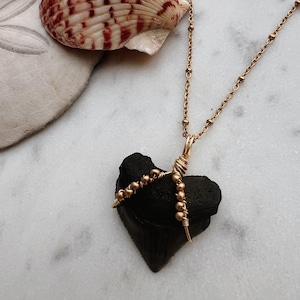 Crow Shark tooth “Gold Pebble” necklace || unique  + one of a kind beach jewelry