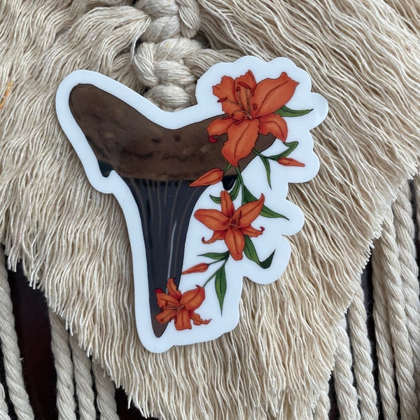 Sand Tiger Shark Tooth Sticker with Tiger Lilly Floral Design