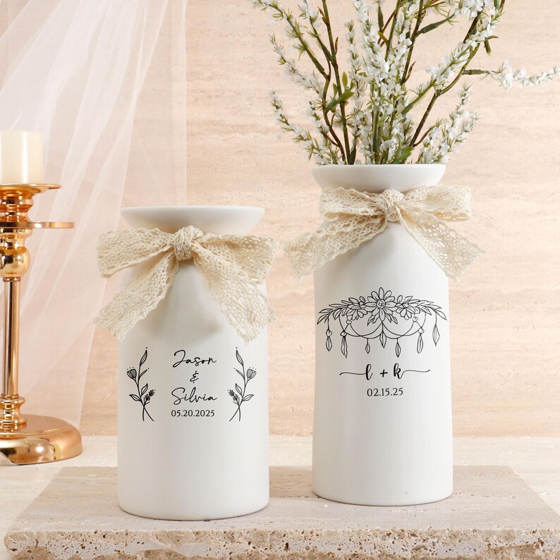 Ceramic Wedding Flower Vase With Name & Date,Custom Engagement Flower Vase,Gift for Newlywed,Engagement Gift,Wedding Gift,Bridal Shower Gift