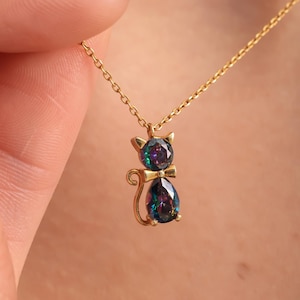 Mystic Topaz Stone Cat Necklace, Custom Birthstone Jewelry Gold Plated, Family Gemstone Necklace, Mothers Day Gift, Gift for Women