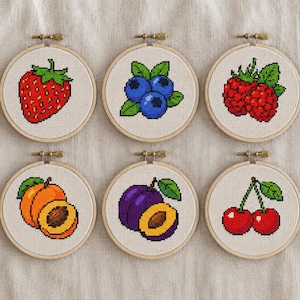 May include: Six circular wooden embroidery hoops containing cross-stitch patterns of fruit. The designs feature a red strawberry, three blue blueberries, a cluster of red raspberries, an orange apricot, a purple plum, and two red cherries with green leaves.