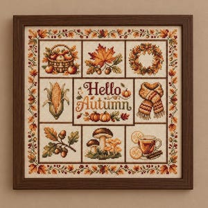Puede incluir: Un bordado en punto de cruz enmarcado con el texto Hello Autumn en el centro, rodeado de paneles que muestran una cesta de manzanas, hojas de arce, una corona, maíz, una bufanda, bellotas, setas y una taza de té con rodajas de naranja.