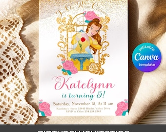 Princess Belle Birthday invitation, Girl editable invite template, castle printable invitation, beauty and beast party, belle rose invite