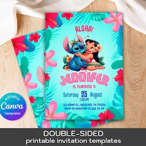 May include: Double-sided printable invitation templates featuring a teal background with tropical flowers and leaves. The invitation includes the text "Aloha!" and a cartoon image of Lilo and Stitch. The invitation is for Jennifer's 5th birthday.