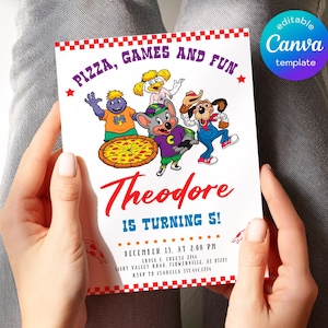 May include: A white invitation card with a red and white checkered border. The card features cartoon characters, a pizza, and the text "PIZZA, GAMES AND FUN". The name "Theodore" is written in red script, with the text "IS TURNING 5!" below.