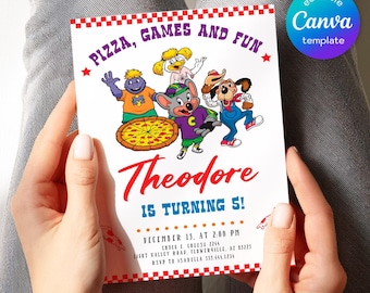Chuck-E-Cheese bewerkbare uitnodiging, afdrukbare verjaardagsuitnodiging, muisuitnodiging, direct downloaden, sjabloon verjaardagsuitnodiging