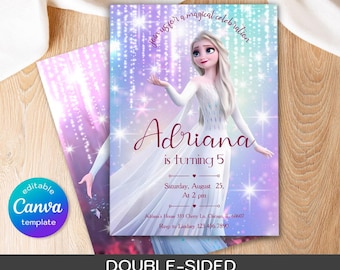 May include: Double-sided printable invitation templates featuring a cartoon character in a white dress. The invitation includes the text "Adriana is turning 5" and event details. A Canva template logo is visible.