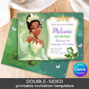 May include: Double-sided printable invitation templates with a princess illustration. The invitation includes the text "Please join us as we Celebrate Melanie 8th Birthday February 19 Saturday 01:30pm". The design includes butterflies and a frog.