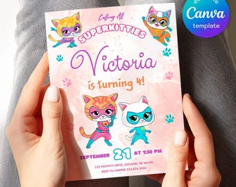SuperKitties invitation, Printable Editable Super Kitty Invite, SuperKitty Birthday Party invite template, Kitten Invitation Cute Invite