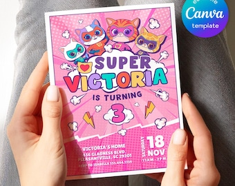 SuperKitties Einladung, druckbare bearbeitbare Super Kitties einladen, SuperKitty-Geburtstagsfeier einladen Vorlage, Kätzchen-Einladung Süß einladen