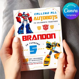 Peut inclure: Une invitation blanche avec des illustrations d'Autobots et le texte "Calling All Autobots" et "Brandon a 5 ans". La carte comprend un logo de modèle Canva et les détails de l'événement.