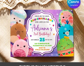 Può includere: Un invito di compleanno viola con personaggi Squishmallows. L'invito include il testo "Hold on to your Squishmallows and join us for Adriana's 3rd Birthday!" e i dettagli dell'evento. Il modello Canva è modificabile.