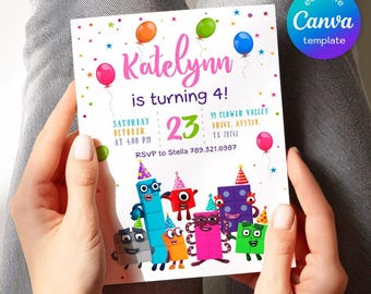Numberblocks Birthday Invitation, Editable Printable Invitation, Numberblocks Birthday Party Invite, learn numbers first second party