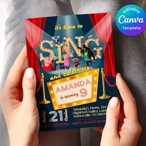 May include: A blue and red invitation card with a red curtain backdrop and a yellow marquee sign that says "SING" with a group of animated characters from the movie Sing. The text on the card says "It's time to SING and celebrate Amanda is turning 9. Saturday October 21 at 2:30PM. Amanda's Home 202 HighHeel Valley Lane Somerville, NJ 08874 RSVP to Rachel 123 123 44".