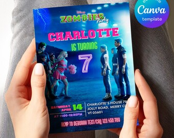 Zombies Birthday Invitation, It's a Z-O-M-B-I-E-S Party Invite, Cheer Squad Green Hair Teen Template