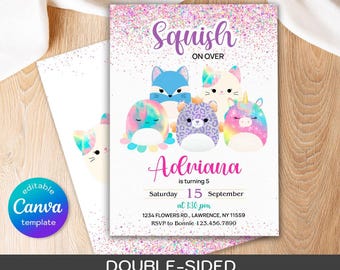 Squish invitation, printable birthday invitation, girl birthday invite, Squishmallow editable invitation, instant download, Squishy Party