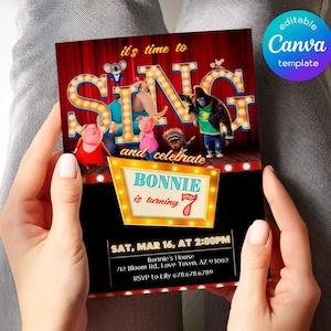 May include: Sing movie themed birthday party invitation with a red, yellow, and black color scheme. The invitation features the characters from the movie Sing, including a pig, a gorilla, a koala, and a porcupine. The text on the invitation reads "It's time to sing and celebrate Bonnie is turning 7. Sat, Mar 16, at 2:00pm. Bonnie's House, 712 Bloom Rd. Love Town, AZ 93002. RSVP to Lily 678.678.6789."