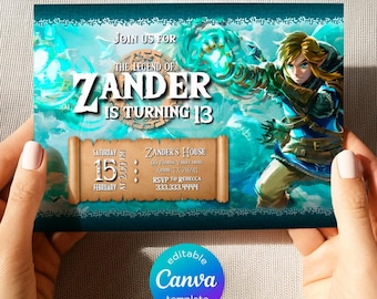 video gamer invite, Legend of Zelda birthday invitation, digital download, Zelda Tears of the Kingdom, birthday party, game on invitation