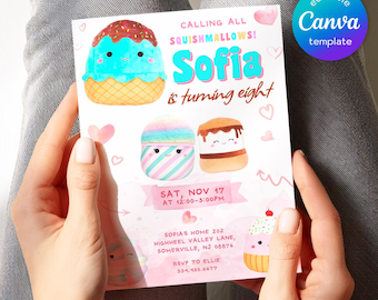 Puede incluir: Una invitación de cumpleaños con ilustraciones de dibujos animados de Squishmallows. La invitación incluye el texto "Calling all Squishmallows! Sofia cumple ocho años". La fecha y hora de la fiesta también están incluidas.