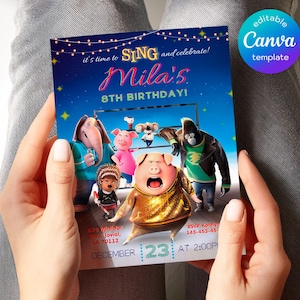 Könnte beinhalten: Eine blaue und violette Geburtstagseinladung mit einem Bild der Figuren aus dem Film Sing. Die Einladung lautet "Es ist Zeit zu singen und zu feiern! Milas 8. Geburtstag!" und enthält das Datum und die Uhrzeit der Party.