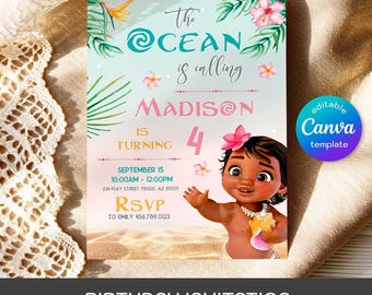 Moana printable invitation, editable invitation, Hawaii Birthday invitation, Luau Party, editable Te Fiti Birthday Party invite