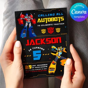 May include: Black invitation card with Autobots theme. The card features illustrations of Autobots characters, the text "CALLING ALL AUTOBOTS" and "JACKSON IS TURNING 5". The date and time of the event are also included.