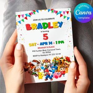Printable smash bros invitation, fighting birthday invite, editable invitation, girl birthday, smash bothers party, video game invitation