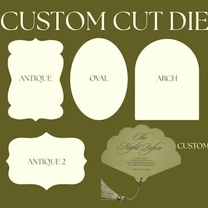 Könnte beinhalten: Auf olivgrünem Hintergrund werden verschiedene Formen von Stanzformen in Creme gezeigt, darunter antike, ovale und bogenförmige Designs. Der Text "CUSTOM CUT DIE" steht oben. Ein fächerförmiges Design mit Text und Quaste ist ebenfalls abgebildet.
