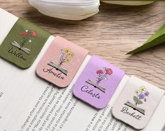 Marcapáginas magnético de cuero personalizado, accesorio floral para libros con nombre, regalos de flores de nacimiento, regalo para amantes de los libros, regalo para profesores