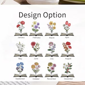 May include: A white print titled Design Option featuring twelve illustrations of open books with various colourful birth month flowers emerging from the pages. Each book is labelled with the corresponding month from January to December.