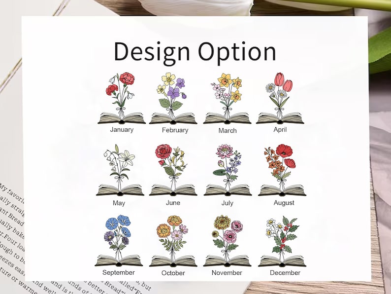 May include: A white print titled Design Option featuring twelve illustrations of open books with various colourful birth month flowers emerging from the pages. Each book is labelled with the corresponding month from January to December.