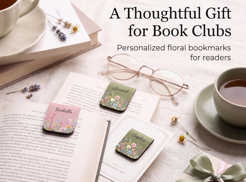 May include: Three rectangular magnetic bookmarks featuring floral designs and personalised names. One bookmark is pink with the name Isabella, while two are olive green with the names Samuel and Sophie. The text A Thoughtful Gift for Book Clubs is visible.