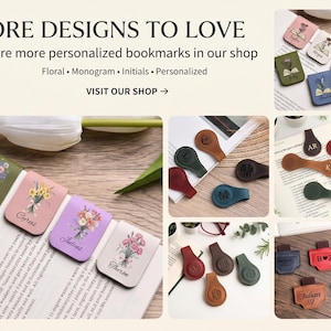 May include: A collection of magnetic bookmarks in various shapes, colours, and finishes. The bookmarks feature floral illustrations, personalised names, and monogrammed initials. Some are rectangular, while others are rounded or tab-shaped.