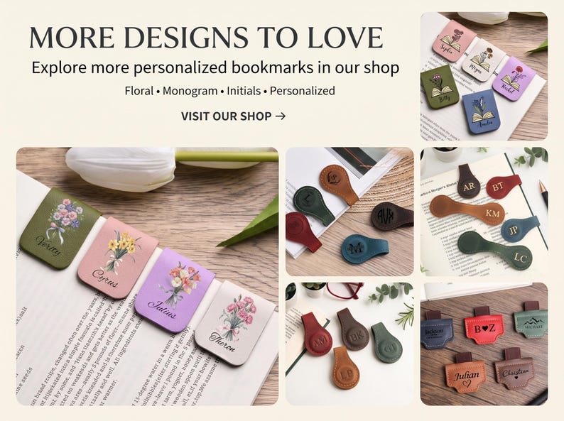 May include: A collection of magnetic bookmarks in various shapes, colours, and finishes. The bookmarks feature floral illustrations, personalised names, and monogrammed initials. Some are rectangular, while others are rounded or tab-shaped.