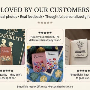 May include: A collection of magnetic bookmarks featuring floral designs and personalised names. The text includes LOVED BY OUR CUSTOMERS, Real photos, Real feedback, Thoughtful personalised gifts, Exactly as described, Great quality, and Beautiful.