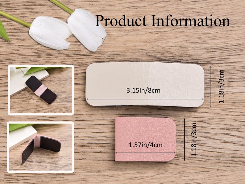 May include: A pink magnetic clip with a textured surface. The unfolded clip measures 8 cm by 3 cm, while the folded clip measures 4 cm by 3 cm. The interior features black magnetic panels for secure closure.