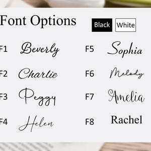May include: A light grey rectangular chart titled Font Options displaying eight distinct typography styles labelled F1 through F8. Each label features a sample name written in black script or serif font. A colour legend shows black and white boxes.