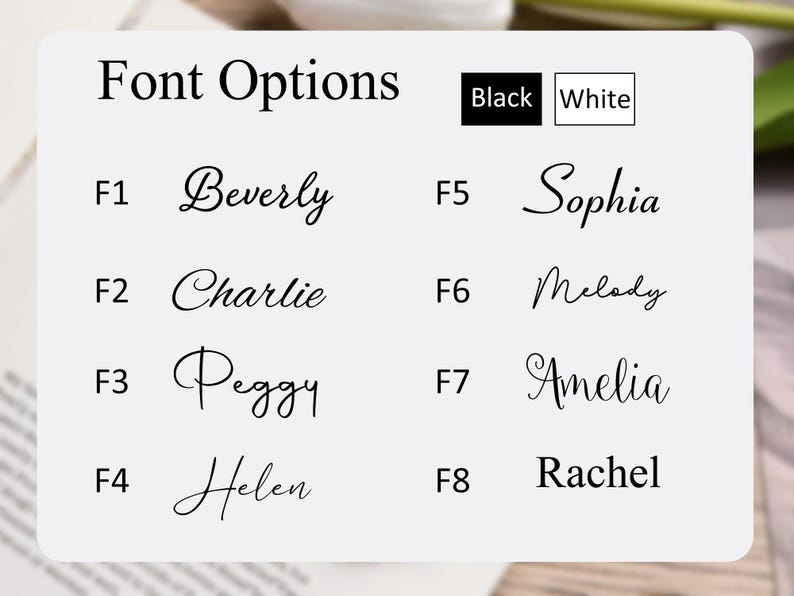 May include: A light grey rectangular chart titled Font Options displaying eight distinct typography styles labelled F1 through F8. Each label features a sample name written in black script or serif font. A colour legend shows black and white boxes.