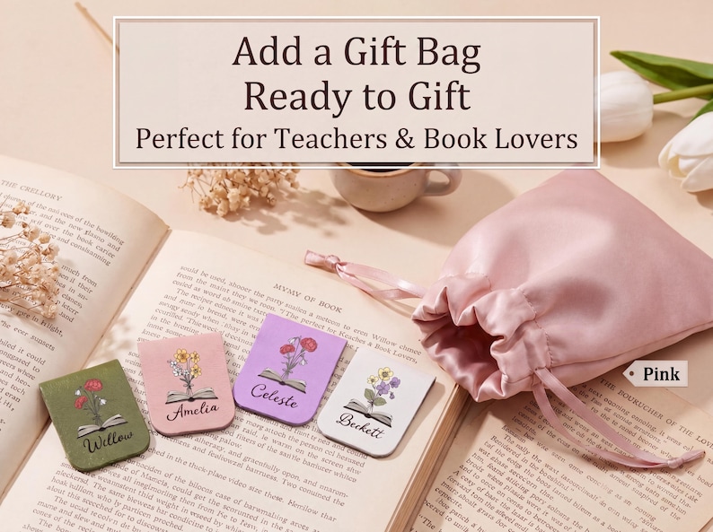 May include: Four rectangular magnetic bookmarks in olive green, light pink, lavender, and white, each featuring a floral illustration emerging from an open book and a name printed in black script: Willow, Amelia, Celeste, and Beckett. A pink satin drawstring pouch.