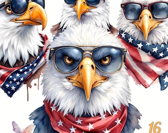 Cool Bald Eagle Clipart, Patriotic Sunglasses 16 PNG, American Flag Bandana Sublimation, 4th of July T-Shirt Design, Funny USA Eagle Art