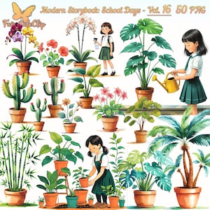 May include: An illustration of various potted plants, such as orchids and cacti, with a schoolgirl caring for them. The image shows a range of green plants in terracotta pots, with some flowering. The text "Modern Storybook: School Days - Vol. 16 50 PNG" is at the top.